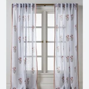 Anthropologie Cotton Block Print Curtain with Striped Trim | one panel